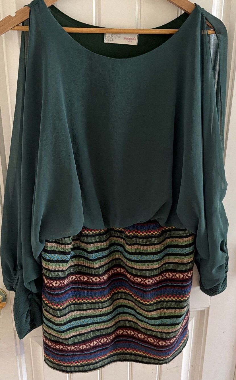 Boho Woven Women’s Blouse Dress Long Split Sleeves Semi Sheer Striped Size M